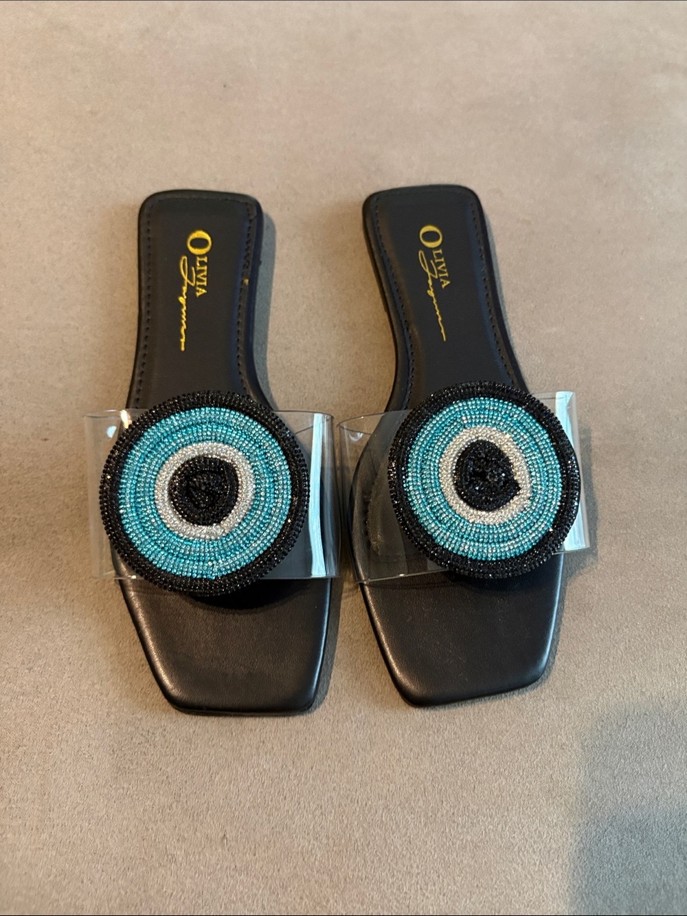 Olivia Collection Black Slide Sandals with Turquoise Beaded Medallion